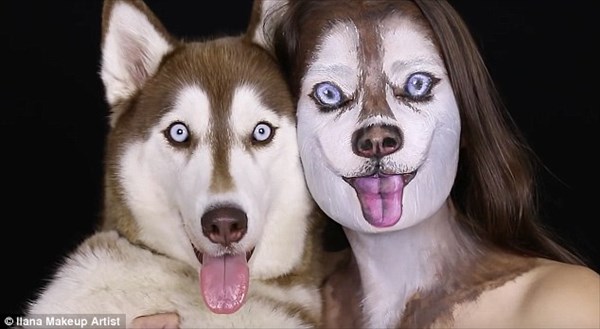 美容学校の講師が、飼い犬のシベリアンハスキーになるメイクアップ動画！