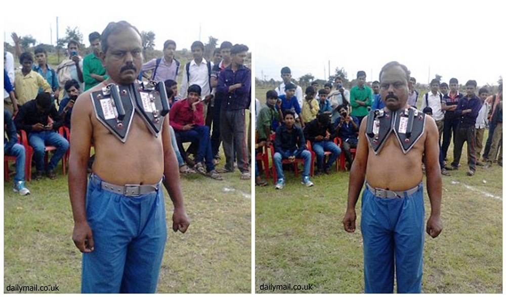 磁気超大国インドの磁石男、体に合計10キロのアイロンをくっつける